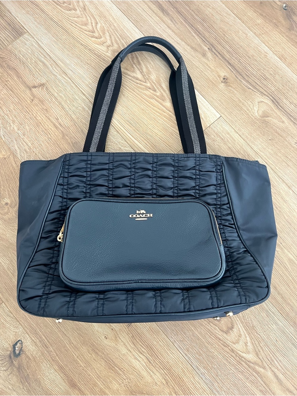 Coach Court Tote with Ruching in Navy with Gold Metallic Trim